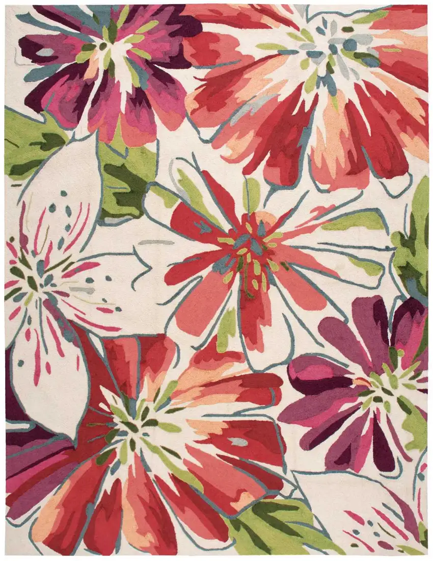 Ivory Green and Red Floral Hand Carved Handmade Area Rug Photo 2