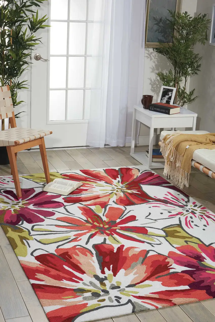 Ivory Green and Red Floral Hand Carved Handmade Area Rug Photo 8