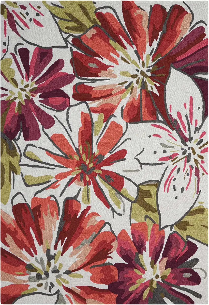 Ivory Green and Red Floral Hand Carved Handmade Area Rug Photo 2