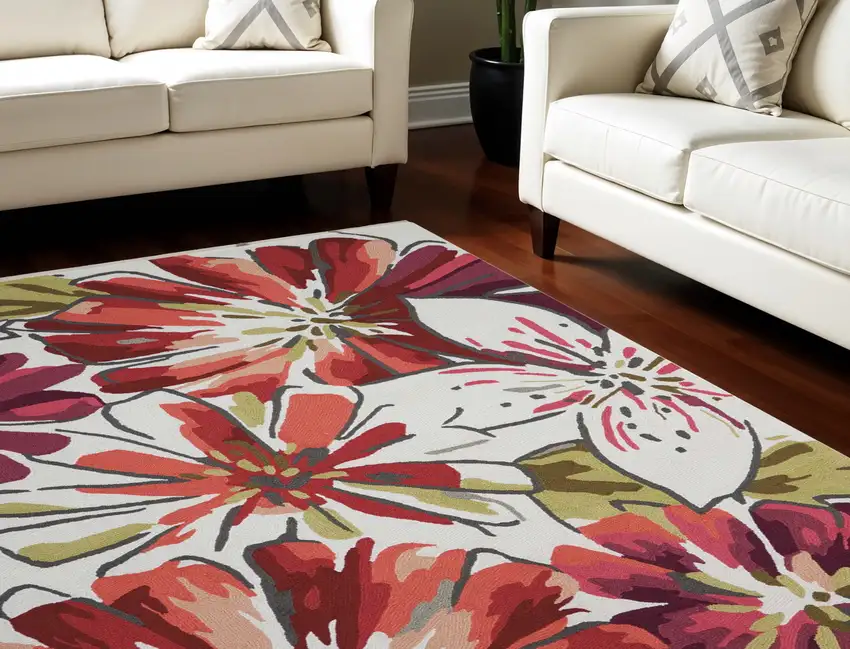 Ivory Green and Red Floral Hand Carved Handmade Area Rug Photo 1