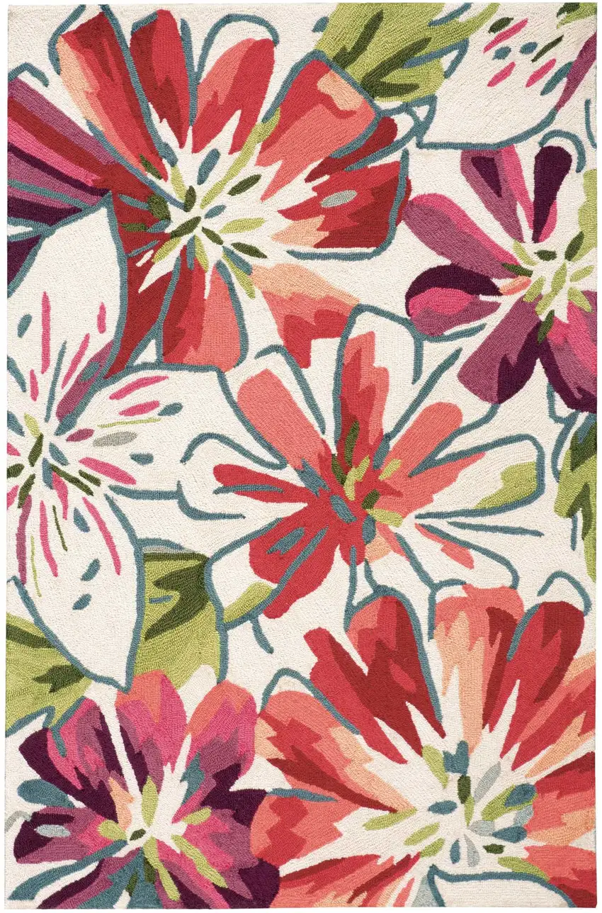 Ivory Green and Red Floral Hand Carved Handmade Area Rug Photo 3