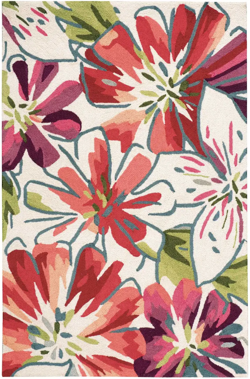 Ivory Green and Red Floral Hand Carved Handmade Area Rug Photo 2