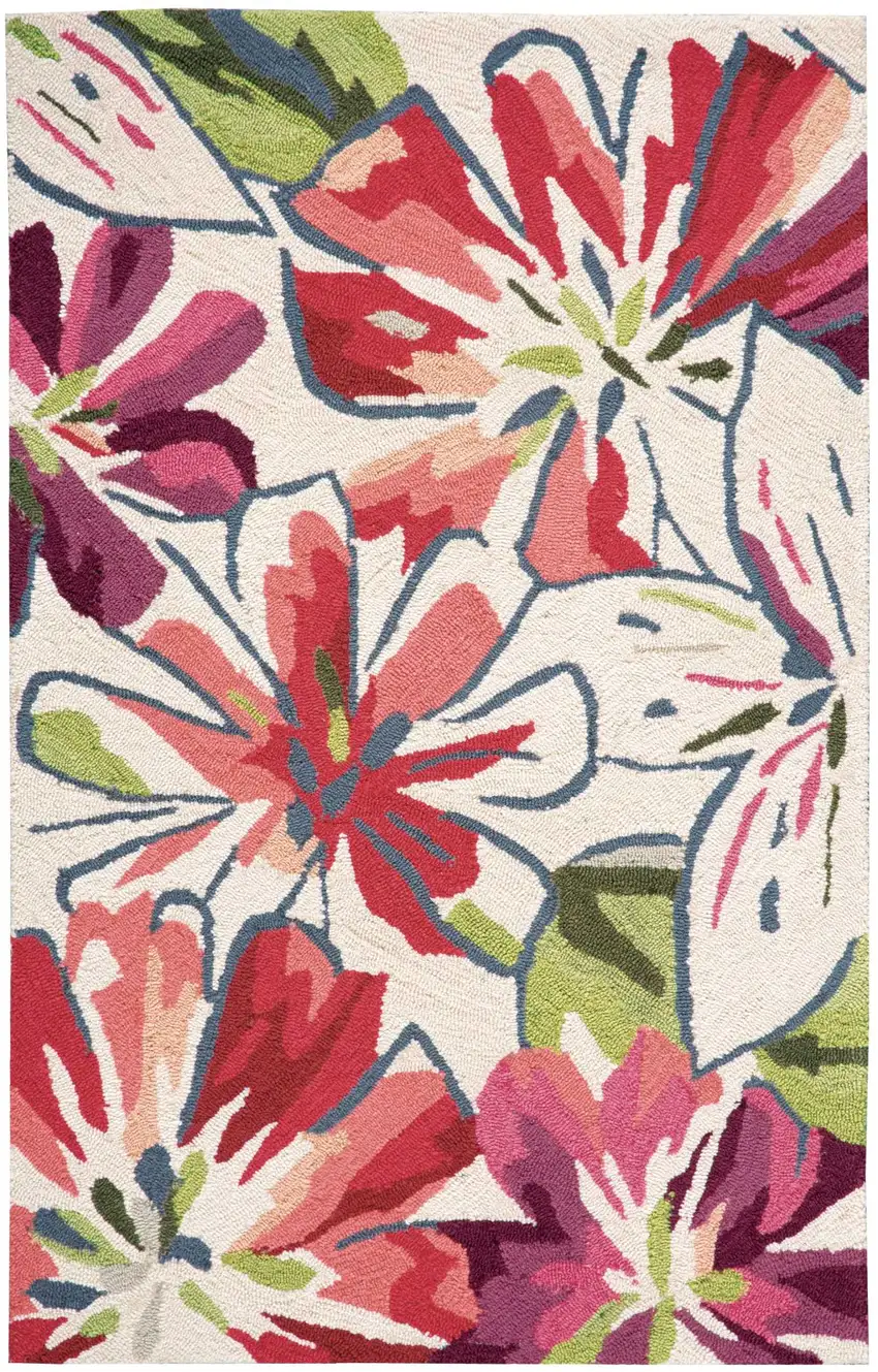 Ivory Green and Red Floral Hand Carved Handmade Area Rug Photo 2