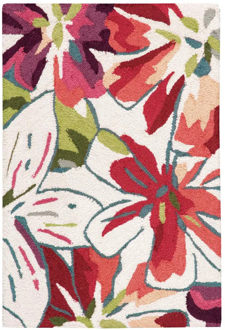 Ivory Green and Red Floral Hand Carved Handmade Area Rug Photo 1