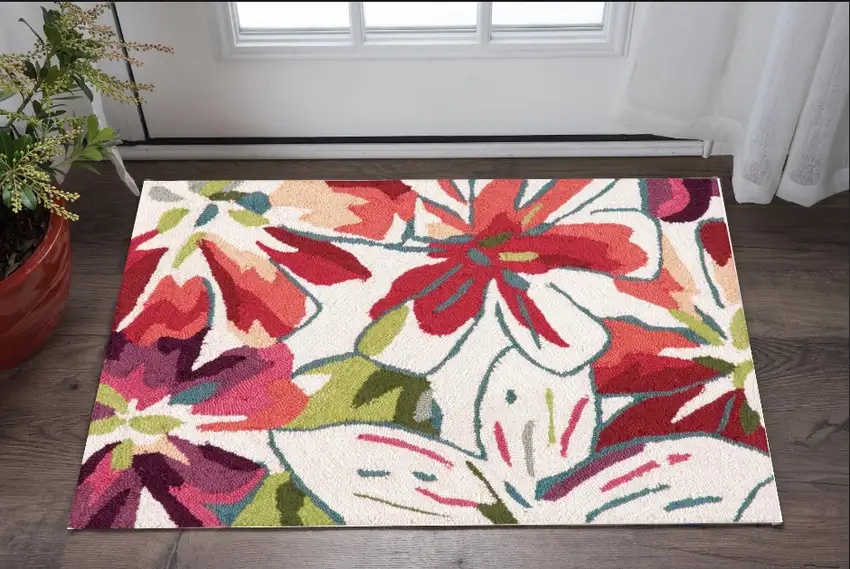 Ivory Green and Red Floral Hand Carved Handmade Area Rug Photo 1