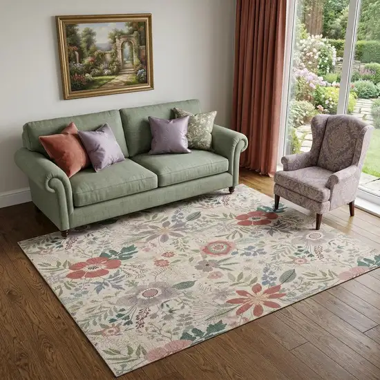 5' X 7' Ivory Green and Red Floral Power Loom Washable Non Skid Area Rug Photo 1