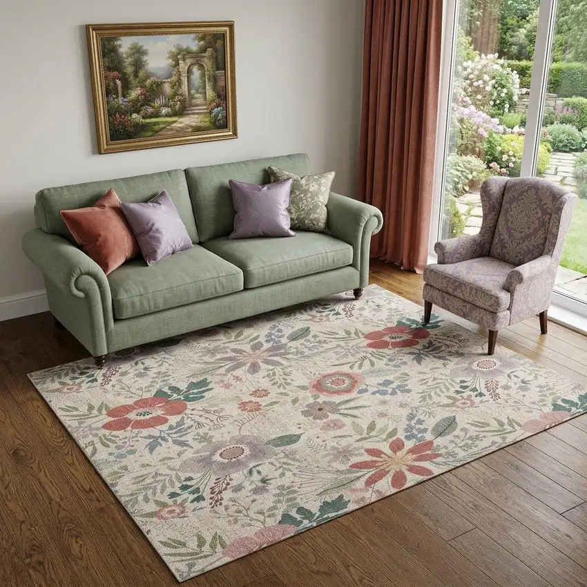 5' X 7' Ivory Green and Red Floral Power Loom Washable Non Skid Area Rug Photo 1