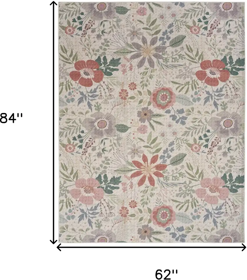 Ivory Green and Red Floral Power Loom Washable Non Skid Area Rug Photo 9