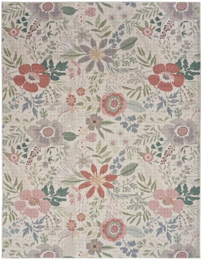 Ivory Green and Red Floral Power Loom Washable Non Skid Area Rug Photo 1
