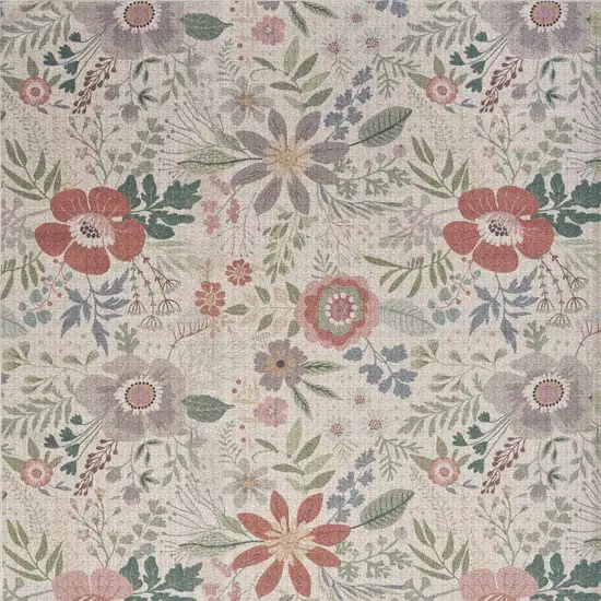 5' X 7' Ivory Green and Red Floral Power Loom Washable Non Skid Area Rug Photo 1