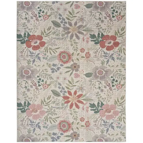 5' X 7' Ivory Green and Red Floral Power Loom Washable Non Skid Area Rug Photo 3