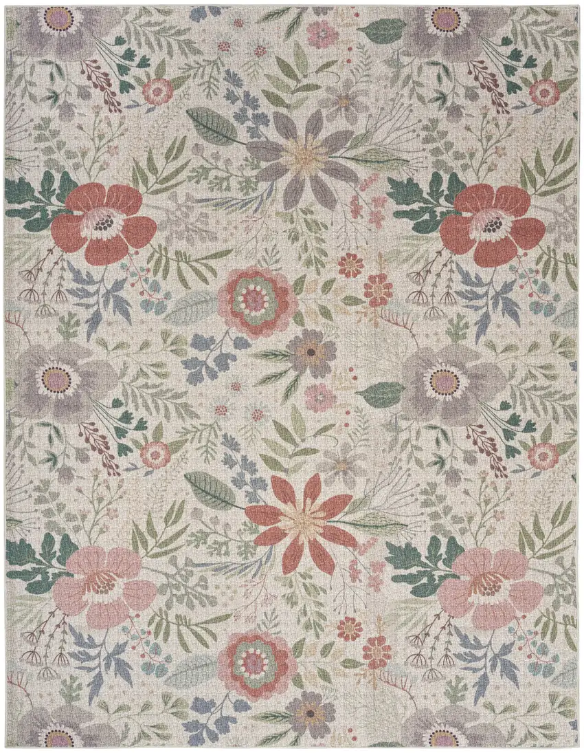 5' X 7' Ivory Green and Red Floral Power Loom Washable Non Skid Area Rug Photo 3