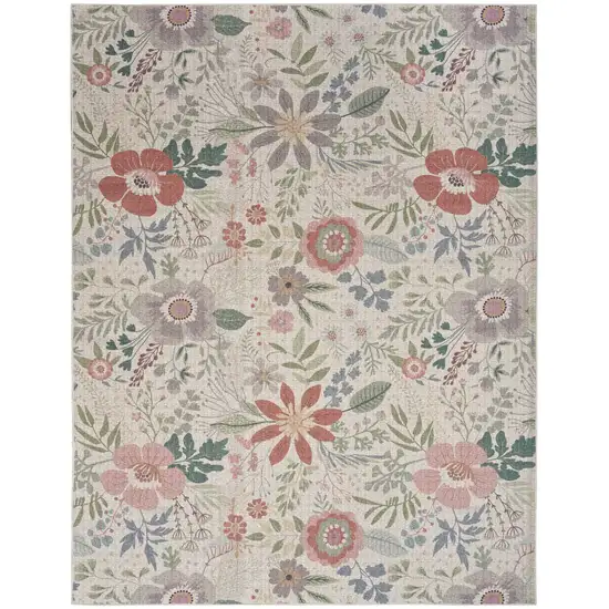 5' X 7' Ivory Green and Red Floral Power Loom Washable Non Skid Area Rug Photo 4