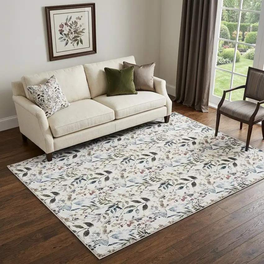 5' X 7' Ivory Green and Red Floral Power Loom Washable Non Skid Area Rug Photo 1