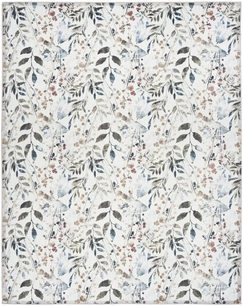 5' X 7' Ivory Green and Red Floral Power Loom Washable Non Skid Area Rug Photo 2