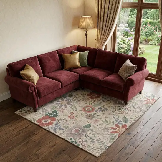 Ivory Green and Red Floral Power Loom Washable Non Skid Area Rug Photo 1