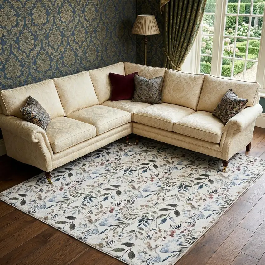 Ivory Green and Red Floral Power Loom Washable Non Skid Area Rug Photo 1