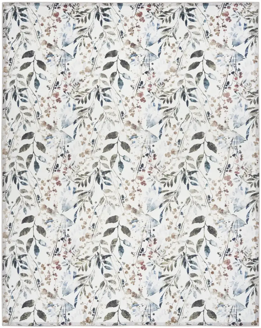 Ivory Green and Red Floral Power Loom Washable Non Skid Area Rug Photo 1