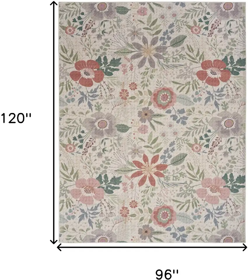 Ivory Green and Red Floral Power Loom Washable Non Skid Area Rug Photo 9