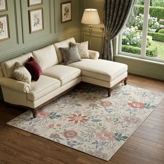 Ivory Green and Red Floral Power Loom Washable Non Skid Area Rug Photo 1