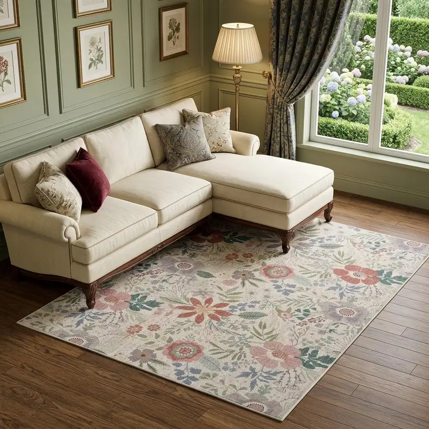 Ivory Green and Red Floral Power Loom Washable Non Skid Area Rug Photo 1