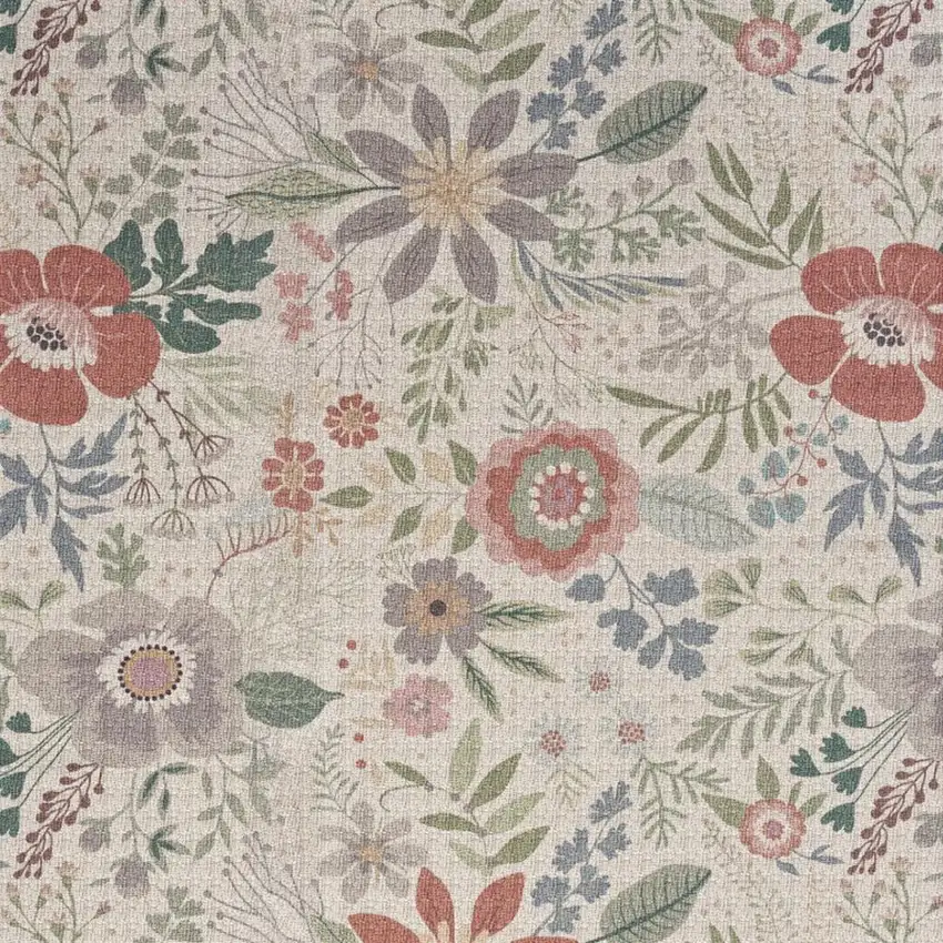 Ivory Green and Red Floral Power Loom Washable Non Skid Area Rug Photo 1