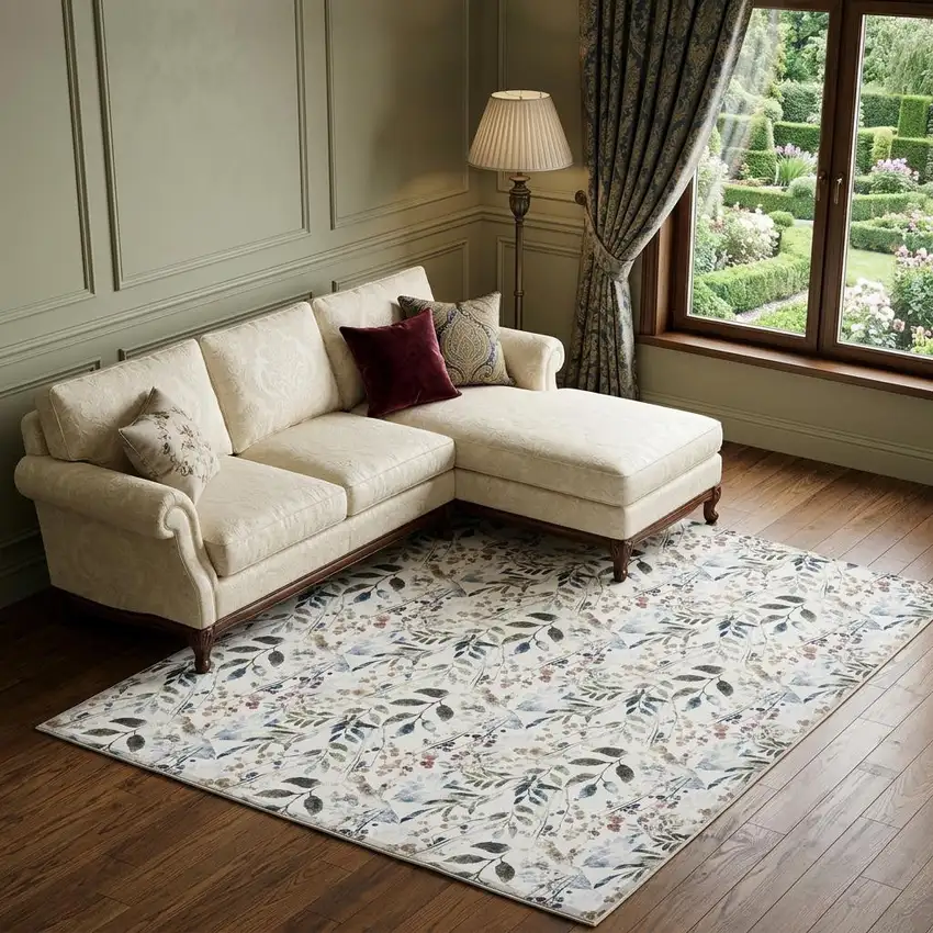 Ivory Green and Red Floral Power Loom Washable Non Skid Area Rug Photo 1