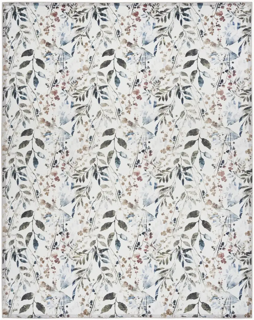 Ivory Green and Red Floral Power Loom Washable Non Skid Area Rug Photo 1