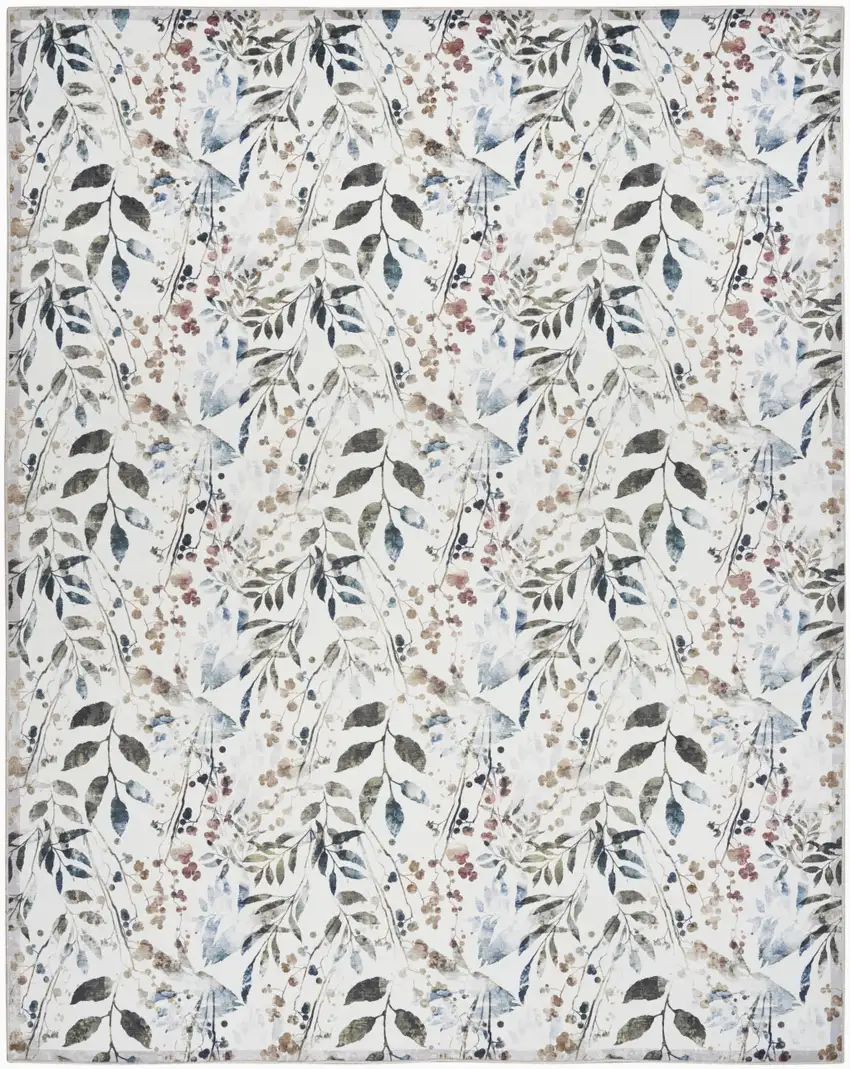 Ivory Green and Red Floral Power Loom Washable Non Skid Area Rug Photo 2