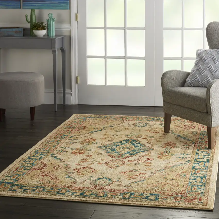 Ivory Green and Red Oriental Power Loom Area Rug Photo 8