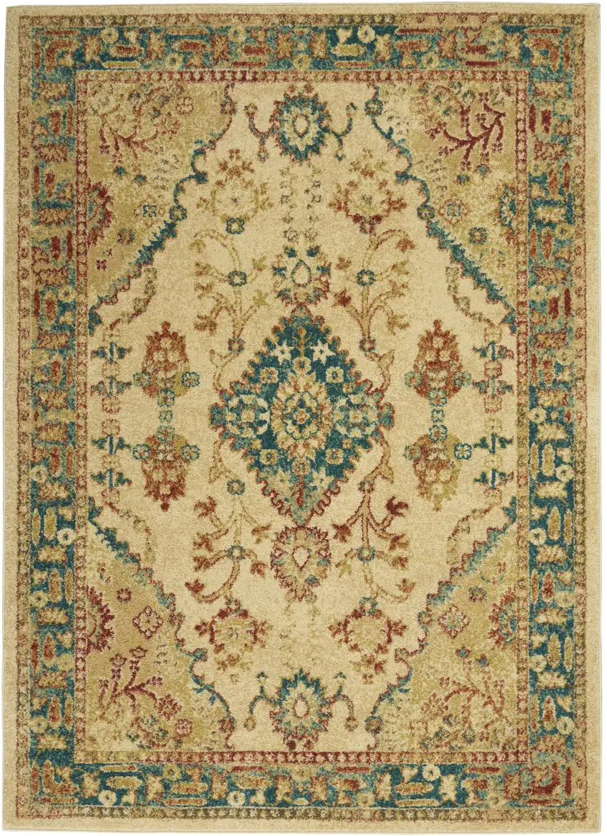 Ivory Green and Red Oriental Power Loom Area Rug Photo 1