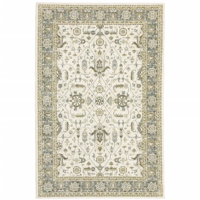 Ivory Grey And Blue Oriental Power Loom Stain Resistant Area Rug Photo 1