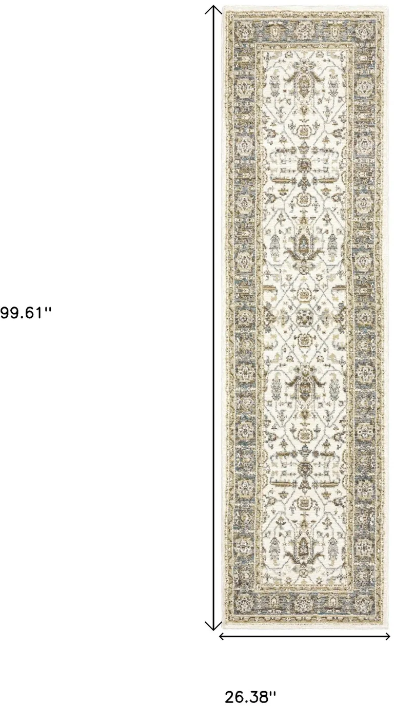 Ivory Grey And Blue Oriental Power Loom Stain Resistant Runner Rug Photo 5