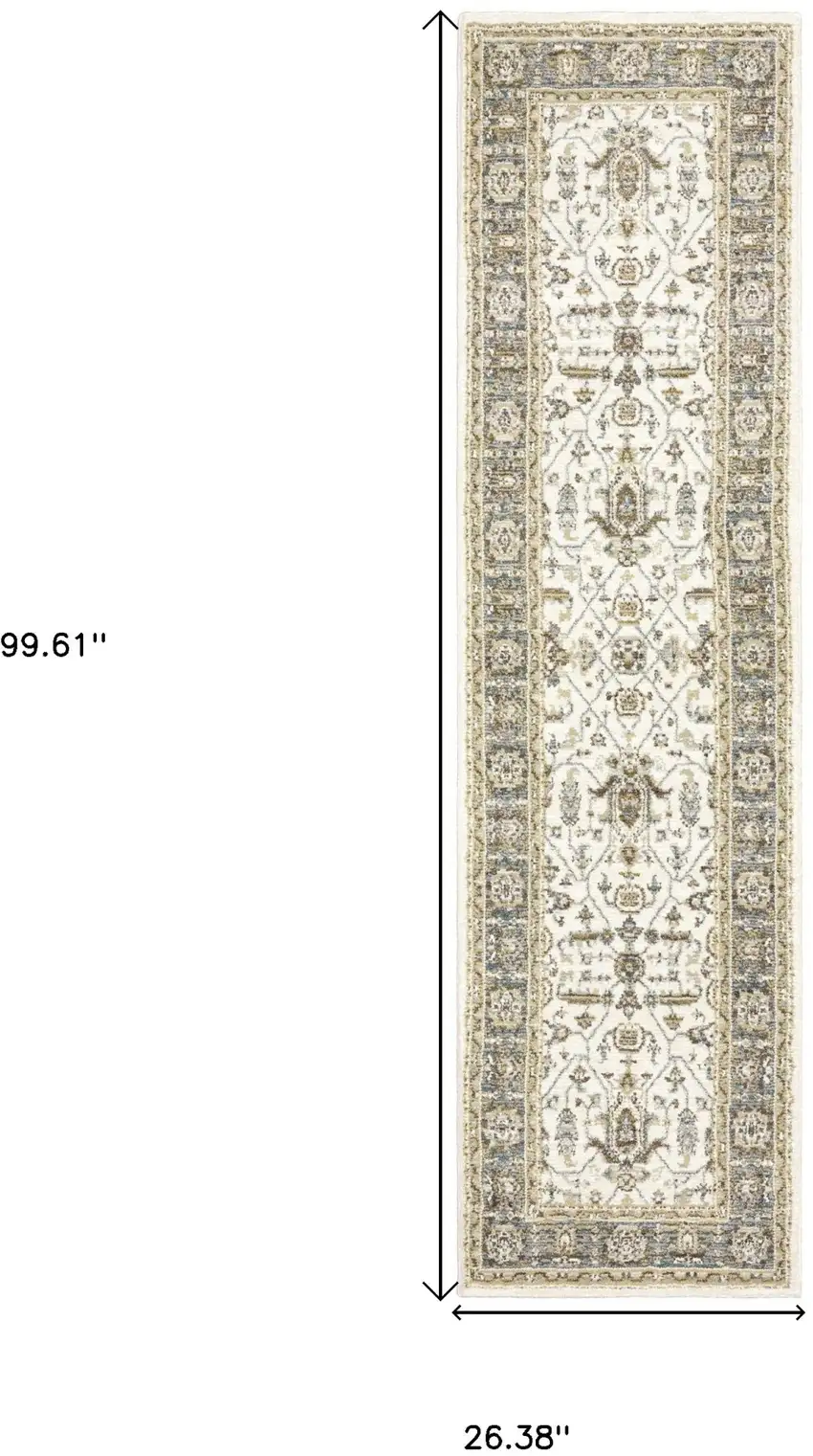 Ivory Grey And Blue Oriental Power Loom Stain Resistant Runner Rug Photo 6