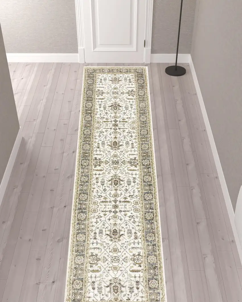 Ivory Grey And Blue Oriental Power Loom Stain Resistant Runner Rug Photo 2