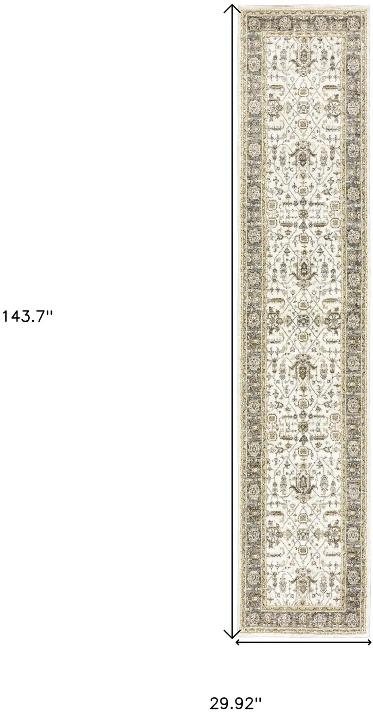 Ivory Grey And Blue Oriental Power Loom Stain Resistant Runner Rug Photo 5