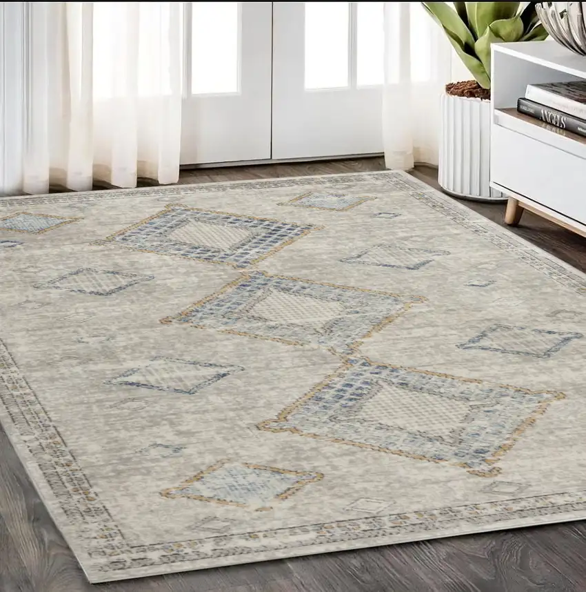 Ivory Grey And Blue Southwestern Power Loom Non Skid Area Rug Photo 1