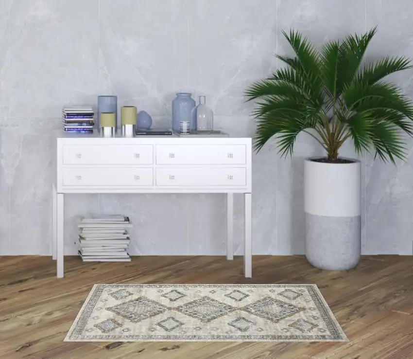 Ivory Grey And Blue Southwestern Power Loom Non Skid Area Rug Photo 2