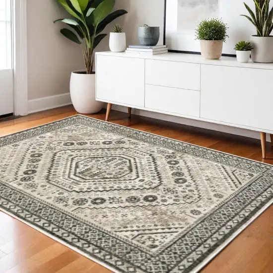 Ivory Grey Black And Ivory Oriental Power Loom Stain Resistant Area Rug Photo 1