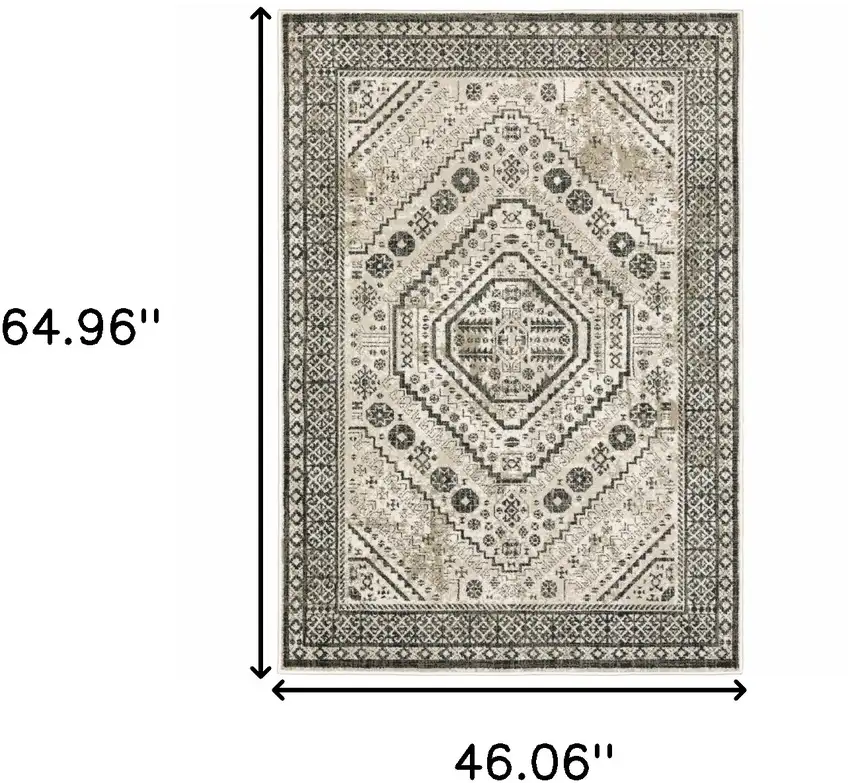 Ivory Grey Black And Ivory Oriental Power Loom Stain Resistant Area Rug Photo 10