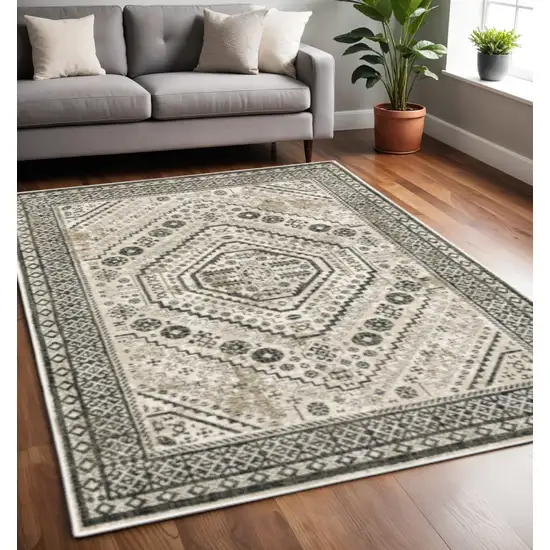 Ivory Grey Black And Ivory Oriental Power Loom Stain Resistant Area Rug Photo 1
