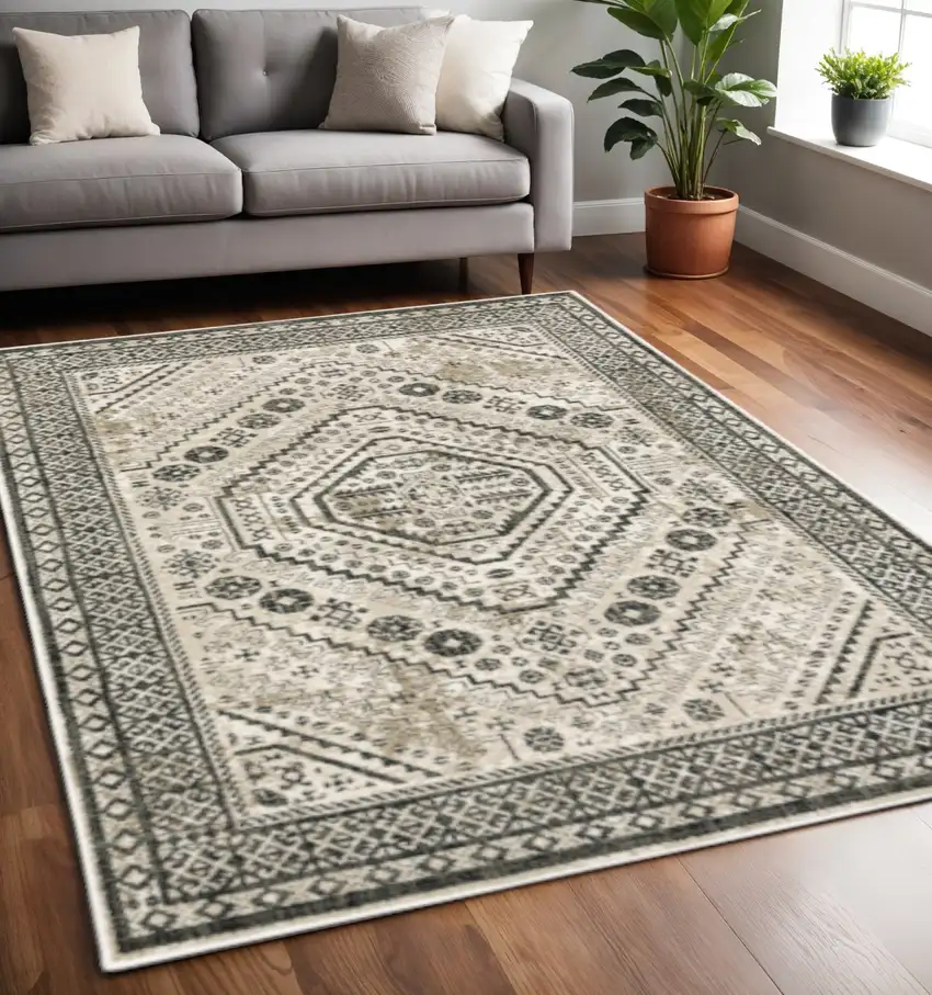 Ivory Grey Black And Ivory Oriental Power Loom Stain Resistant Area Rug Photo 1