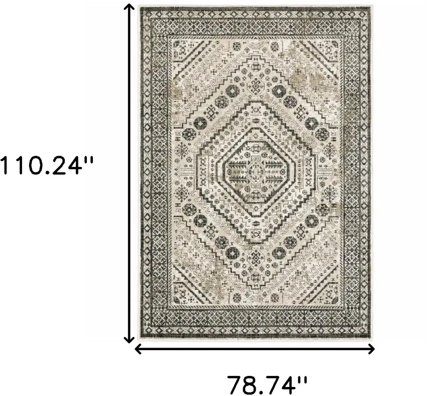 Ivory Grey Black And Ivory Oriental Power Loom Stain Resistant Area Rug Photo 10