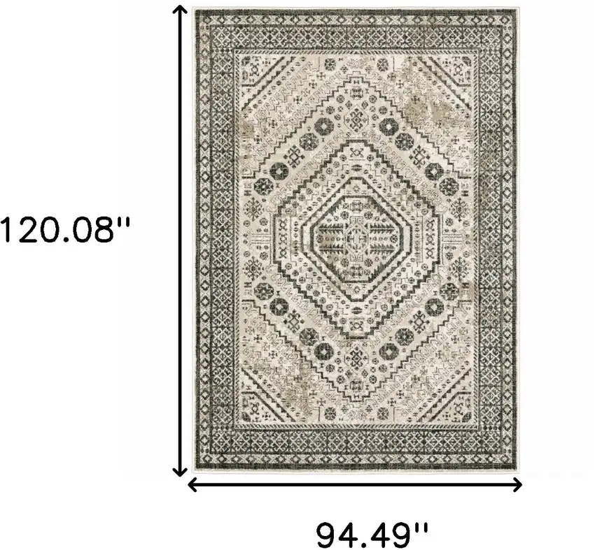 Ivory Grey Black And Ivory Oriental Power Loom Stain Resistant Area Rug Photo 10