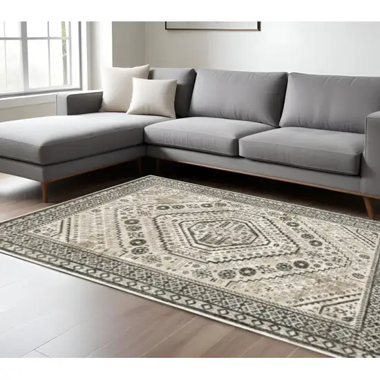 Ivory Grey Black And Ivory Oriental Power Loom Stain Resistant Area Rug Photo 1