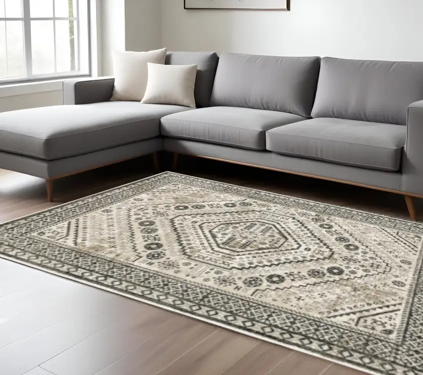 Ivory Grey Black And Ivory Oriental Power Loom Stain Resistant Area Rug Photo 1