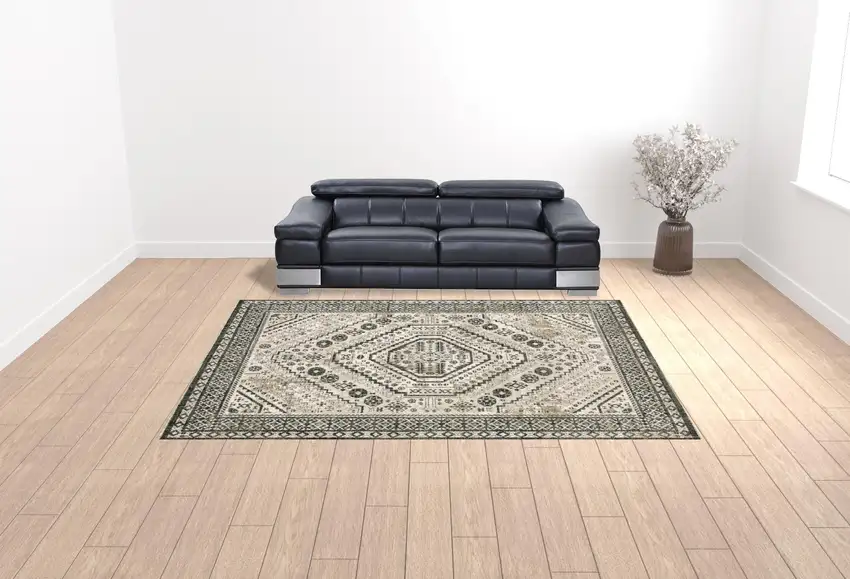 Ivory Grey Black And Ivory Oriental Power Loom Stain Resistant Area Rug Photo 2