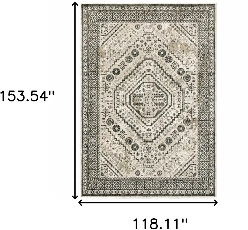 Ivory Grey Black And Ivory Oriental Power Loom Stain Resistant Area Rug Photo 10