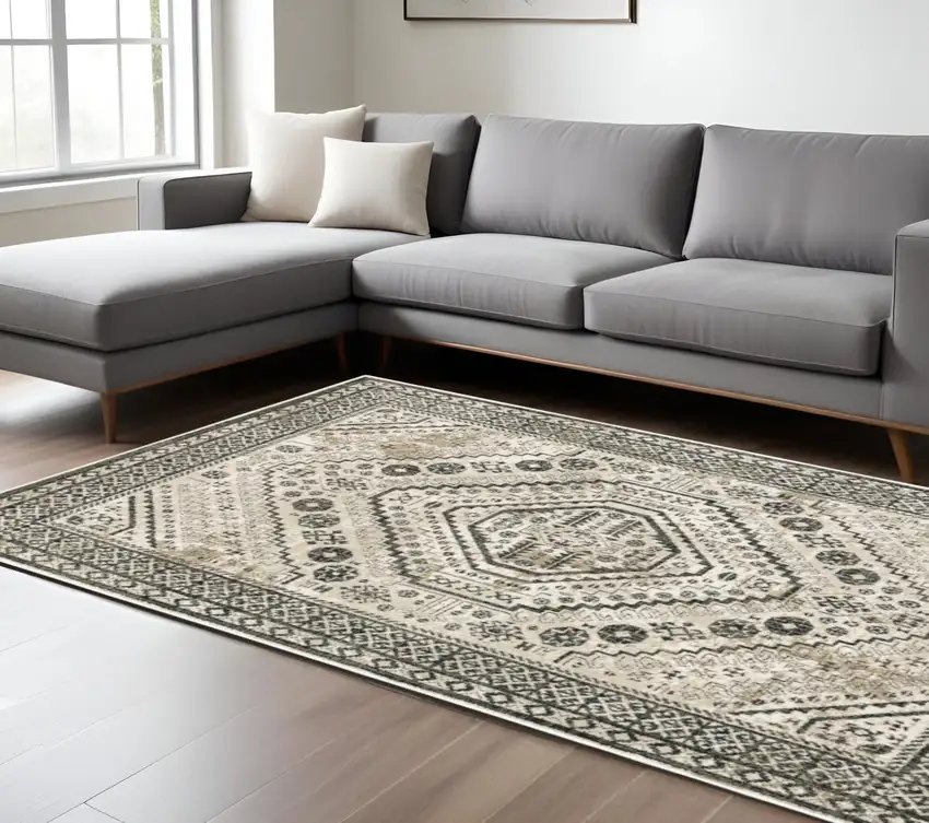 Gray and Ivory Oriental Power Loom Area Rug Photo 1