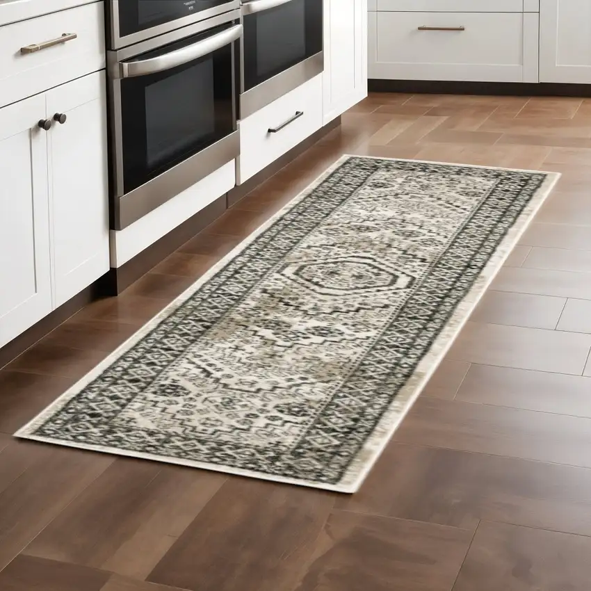 2' X 8' Ivory Grey Black And Ivory Oriental Power Loom Stain Resistant Runner Rug Photo 1